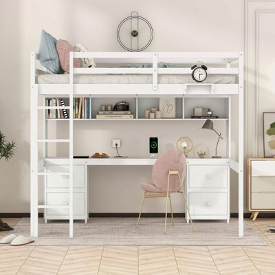 Full Size Loft Bed With Desk, Cabinets, Drawers And Bedside Tray, Charging Station