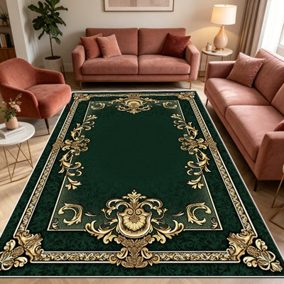 Tapis 1pc avec cadre doré vert, élégant tapis décoratif polyvalent, facile à nettoyer et à entretenir, meuble idéal pour la chambre à coucher, le salon, le couloir, le vestibule, le dortoir et le bureau afin de rafraîchir l'ambiance intérieure de votre maison