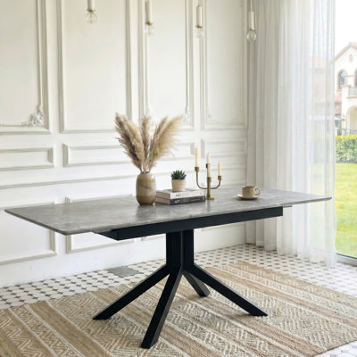 Extendable Table For Dining Room And Office, Gray Surface, Metal Legs Modern Rectangular Table, Scratch - , Automatic Extension