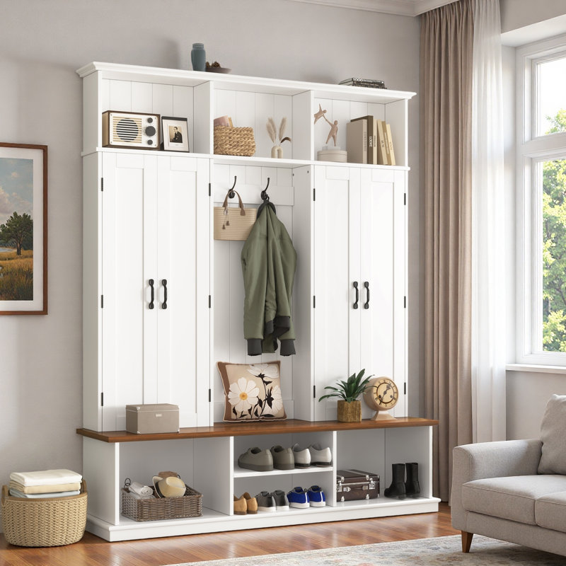 Hall Tree With Bench, Top Cubbies, Bottom Storage Space, Cabinets And Hooks, White