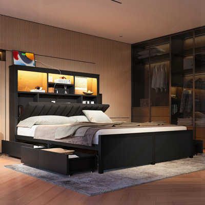 King Bed Frame With High Storage Headboard, LED Light, Charging Station, And 4 Drawers; Slat Kit, No Box Spring Needed, Noise-Free, All-Metal Support
