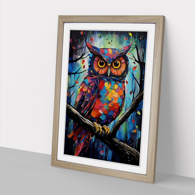 Owl Expressionism - Single Picture Frame Print on Wood, 46cm H x 34cm W x 2cm D, Oak Framed
