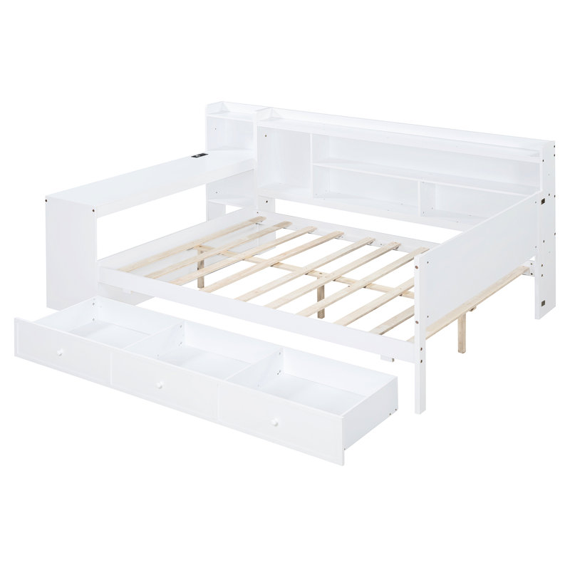 Lit de jour blanc avec 3 tiroirs et rangement supplémentaire - Fabriqué en bois de pin pour un bureau pleine grandeur de style pinède
