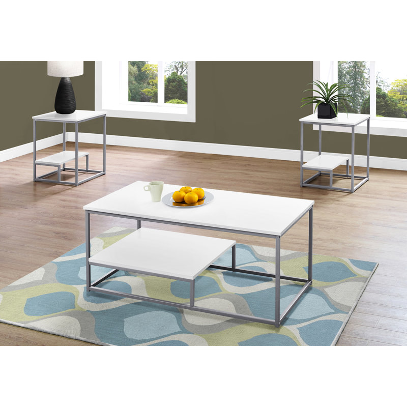 3 tables - Tables basses, d'appoint et de chevet en stratifié blanc et métal gris. Style moderne et chic contemporain.
