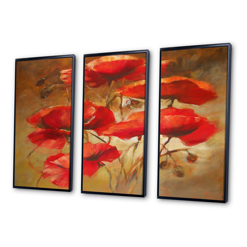 «Red Blossoming Poppies IV», peinture sur toile 3 pièces, Noir, H 28 po x l 36 po