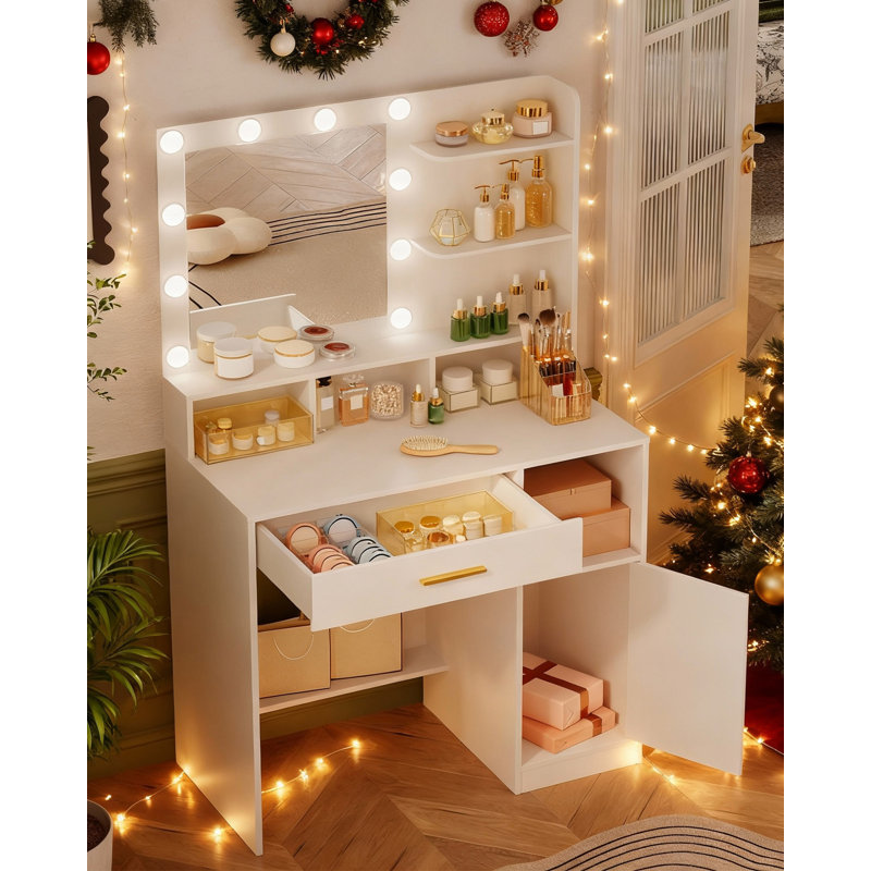 Dressing Table with Mirror and 10 LED Lights, Makeup Vanity with 3 Shelves & 4 Open Compartments, Large Drawer & Cabinet, Adjustable Lighting Brightness