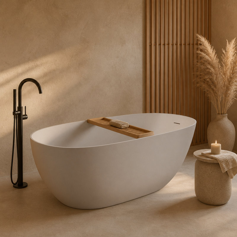 Baignoire autoportante beige de 145 cm (57 po) en surface solide