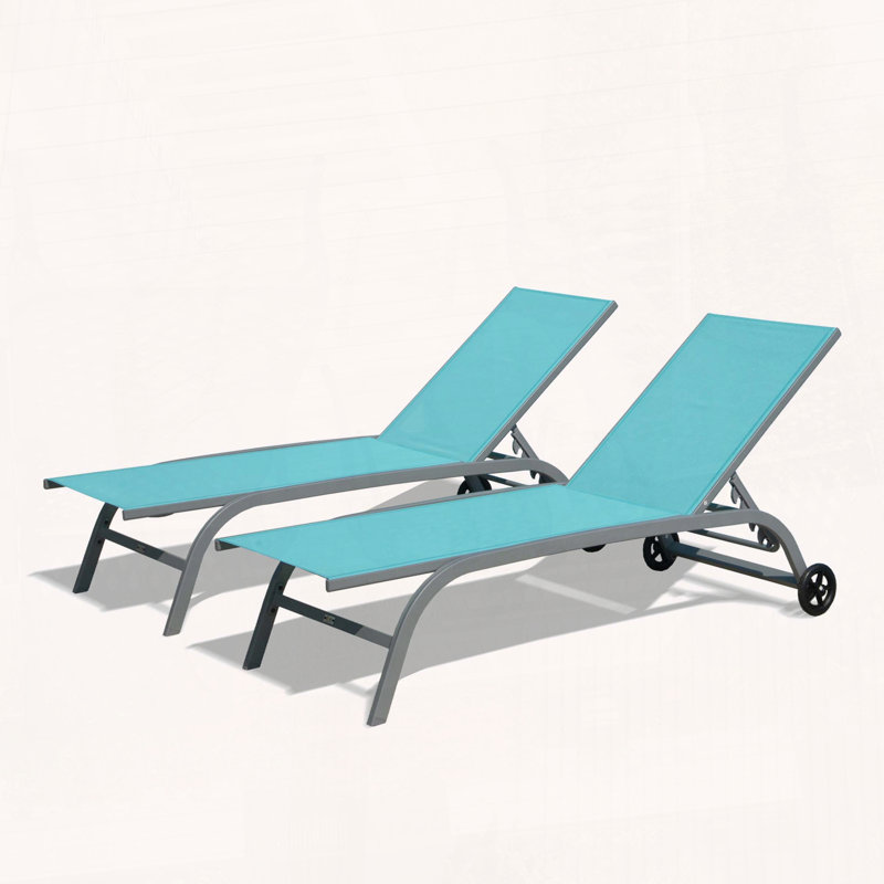 Ensemble de 2 chaises longues avec roulettes et positions réglables, Bleu lac