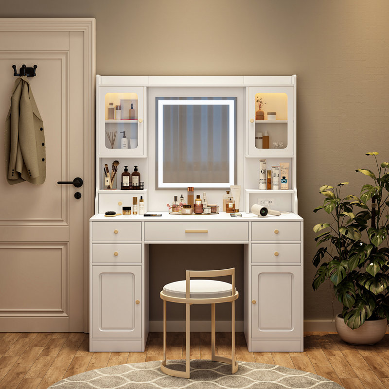 Meuble-lavabo simple avec 6 tiroirs, 2 portes, grand miroir et miroir de maquillage facile à utiliser