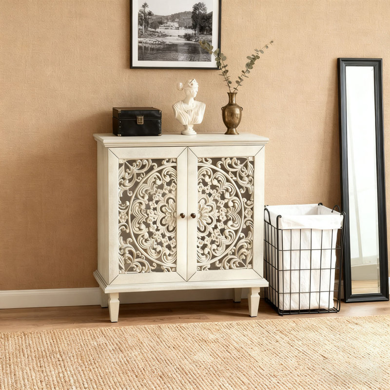 Armoire décorative, rangement à 2 portes, tablette réglable et pieds en bois massif, Blanc antique