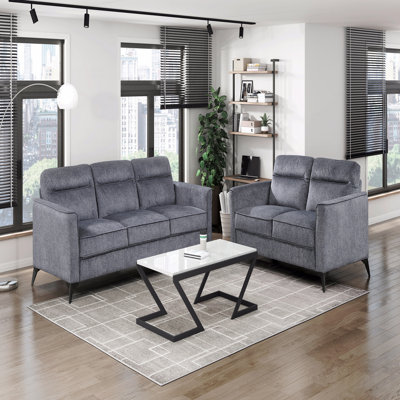 Modern Living Room Sofa Set 2Pc Sofa Loveseat Dark Gray Microfiber Upholstery Comfortable Cushion Seat Black Metal Legs Contemporary Style Furniture