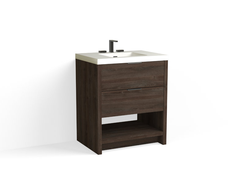 Vue 30" W Freestanding Single Bathroom Vanity, Ashlin, Glossy White/8" Widespread, Matte Black