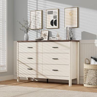 Commode 6 tiroirs, commode de rangement moderne en bois, rangement autoportant avec pieds cylindriques, poignées en métal et anti-basculement, pour chambre à coucher, salon, couloir