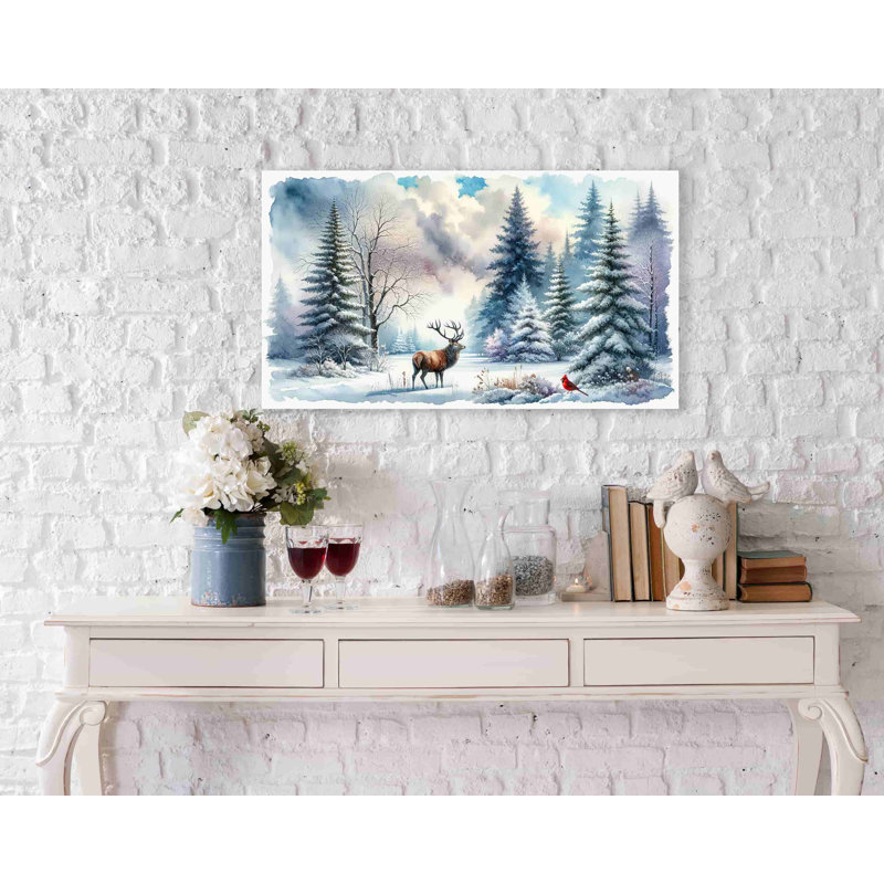 Winter Solitude: Majestic Elk and Cardinal in Snowy Landscape Canvas Art, 20'' H x 35'' W x 1.5'' D