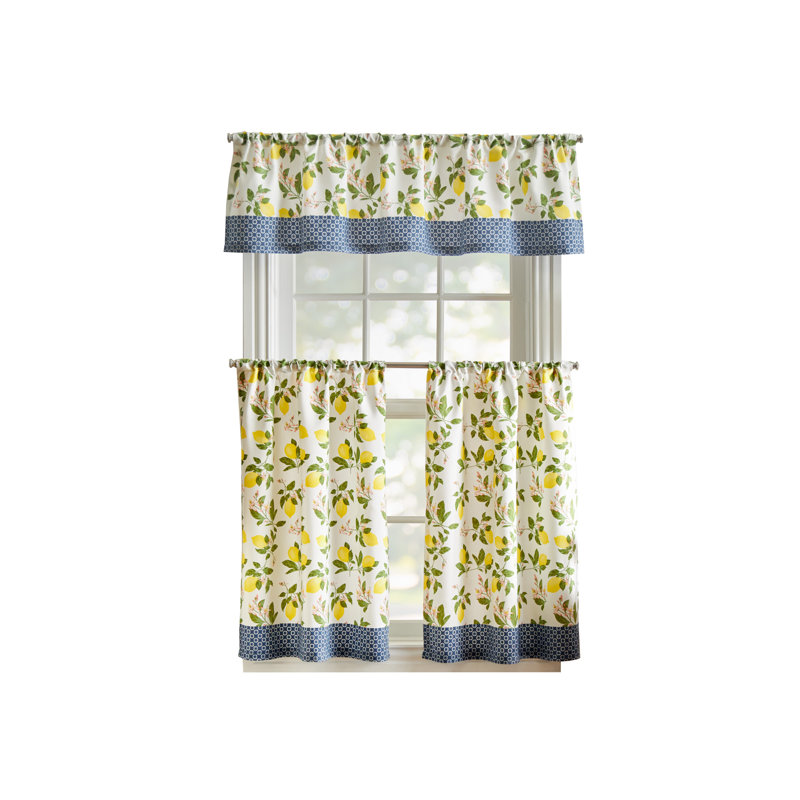 Blue and Yellow Lemons Light Filtering Cotton Polyester Kitchen Curtain Set