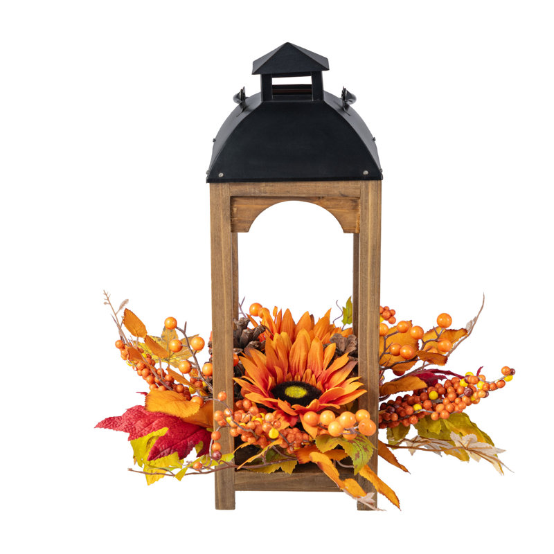 20"H Fall Sunflower, Pinecone And Berry Wood Lantern Centerpiece