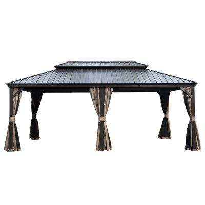Hardtop Gazebo, Upgraded Metal Gazebo With Drainage System, Dual-Layer Galvanized Steel Roof, Curtain And Netting, Outdoor Shelter Canopy For Patio, Garden, And Backyard