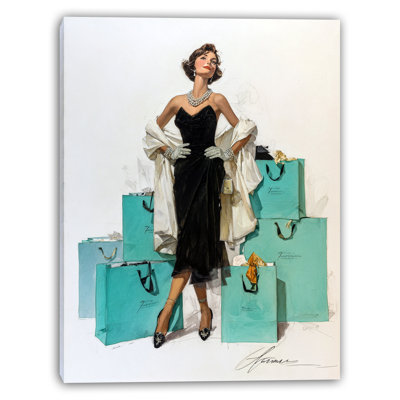 Élégante femme en robe noire avec sacs à provisions, toile tendue