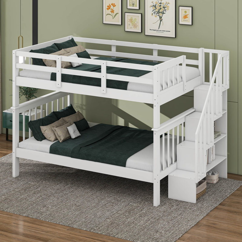 Lit superposé double en bois avec rangement, Blanc