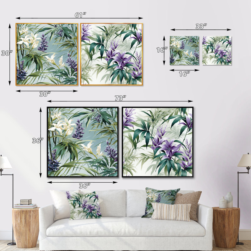 Ensemble de 2 collages carrés tropicaux vert et mauve Serenade, Toile tendue, H 16 po x l 33 po