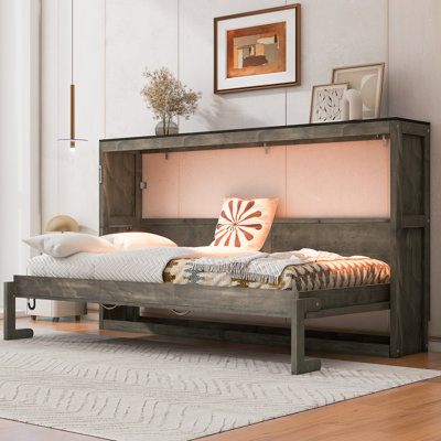 Lit escamotable simple avec lumière DEL, bois massif et panneau de fibres à densité moyenne, 1 pièce, armoire murale cachée, brun