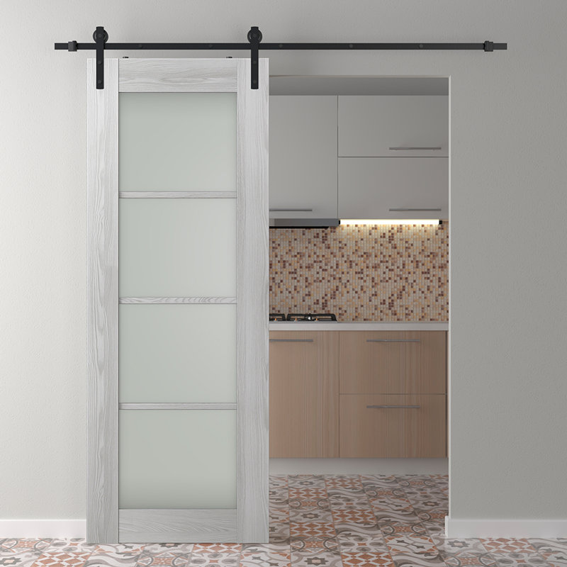 Porte de grange préfinie à panneaux en bois manufacturé Avon 4 Lite, Chêne Veralinga, 17,75 po x 79,37 po