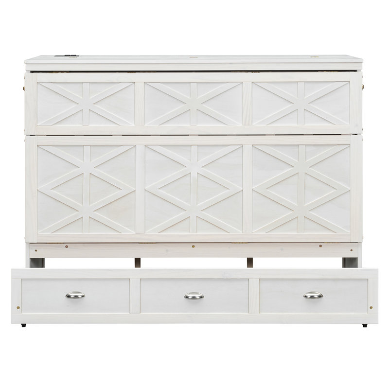 Grand lit escamotable avec grands tiroirs et port USB, Blanc