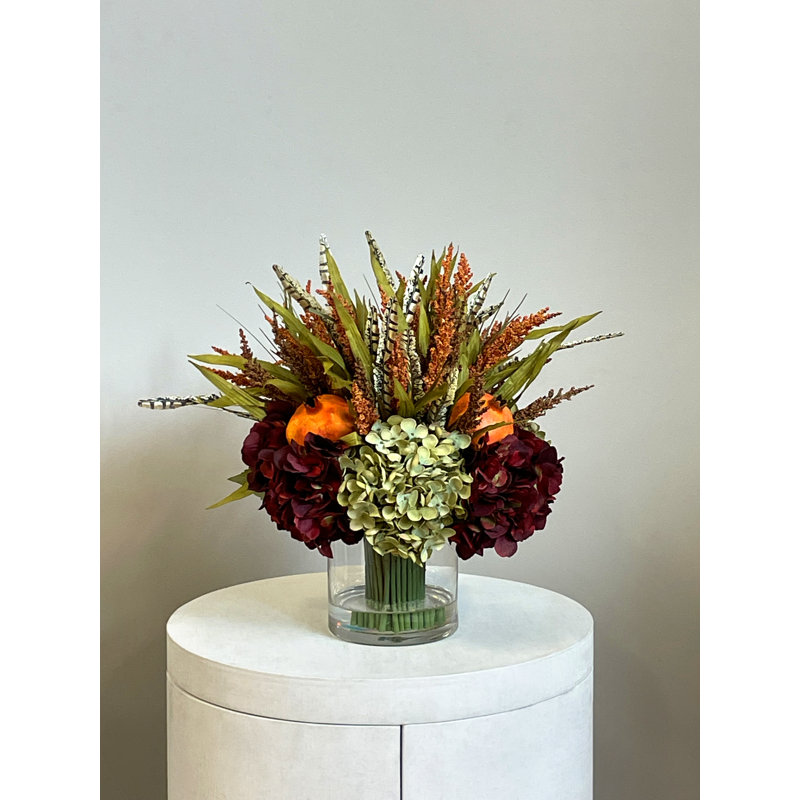 Fall Arrangement with Hydrangeas and Thistle, Green/Burgundy/Orange