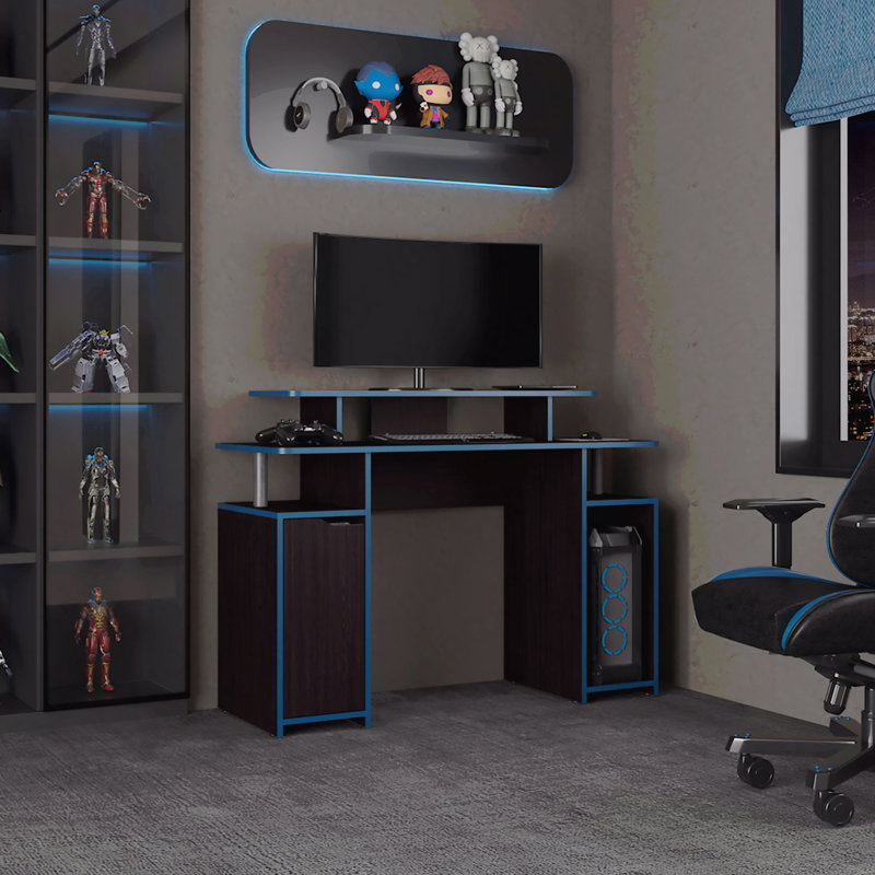 Bureau de jeu 47 po à 2 niveaux, noir, avec trois tablettes et support pour tour d'ordinateur