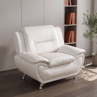 46'' White Full-Grain Leather Modern Accent Chair | Comfy Single Sofa Armchair