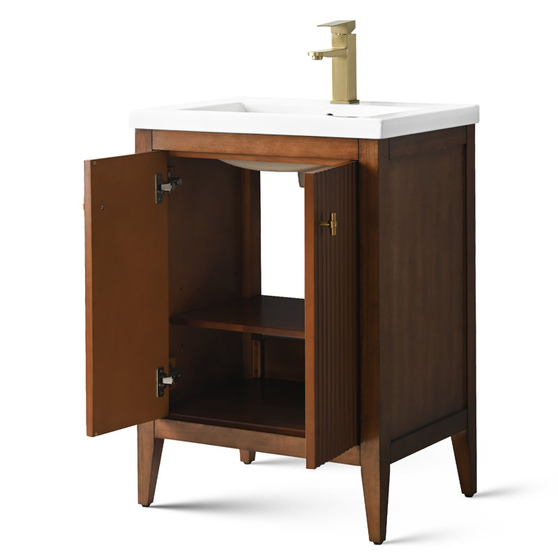 Meuble-lavabo simple pour la salle de bain avec plateau en céramique, Noyer linéaire, Doré brossé, 24"