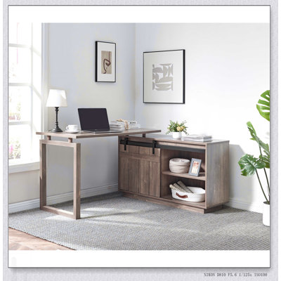 Poste de travail en L avec crédence de rangement, porte de grange coulissante et conception réversible pour bureau à domicile au fini noisette