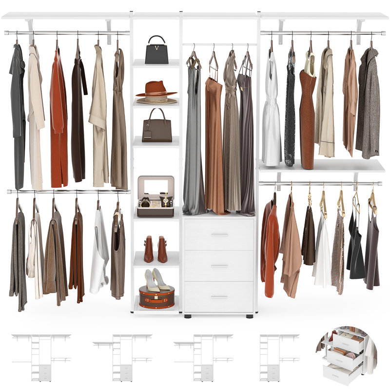 96'' Closet System with 5 Hanging Rods and 3 Wood Drawers, White