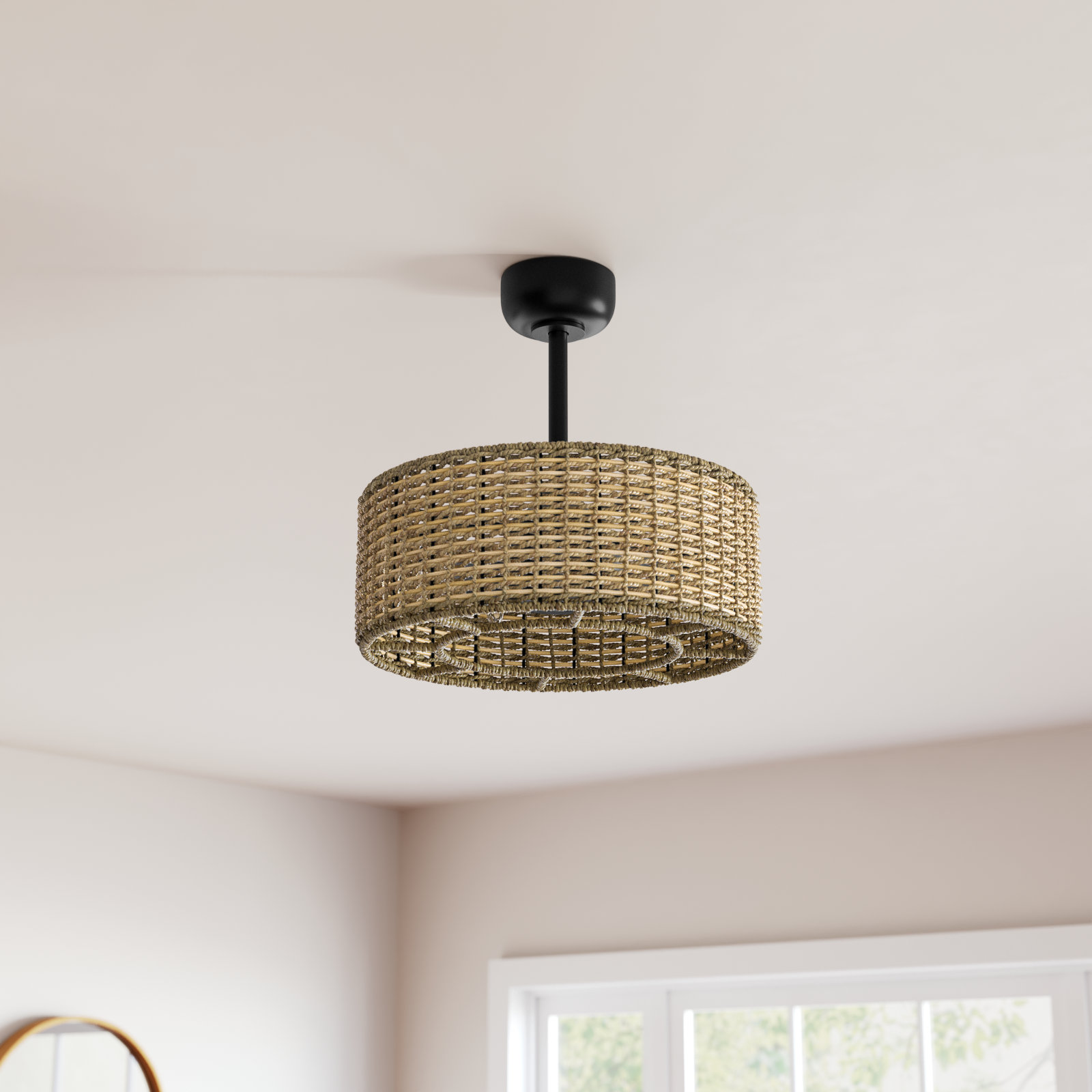 19.1" Farmhouse Remote Control Reversible Black Rattan Caged Downrod Mount Flush Mount Ceiling Fan With Lighting Kits For Living Room/Bedroom