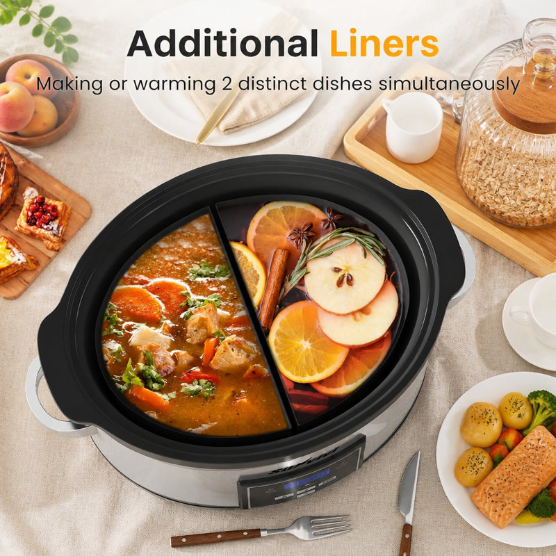 6 Quart Programmable Slow Cooker with 2 in 1 Silicone Liners, Digital Timer, Blue, Argent