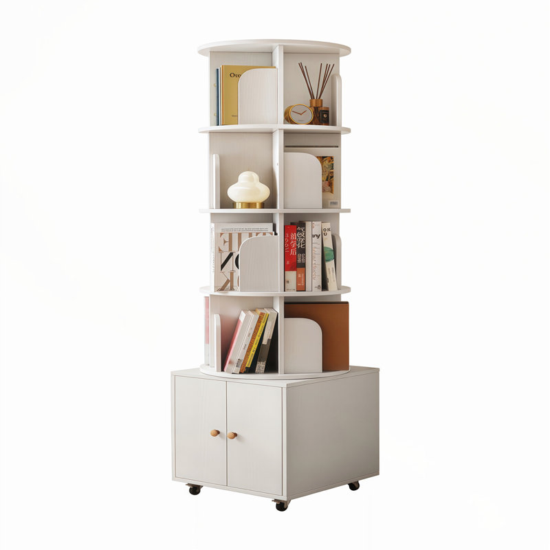 Rotating Bookshelf, 360 Degree Display 5 Tier Corner Bookshelf with Drawer for Small Space, Floor Standing Bookcase Storage Rack, Wood Narrow Book Shelf Organizer for Bedroom, Living Room (WHITE)
