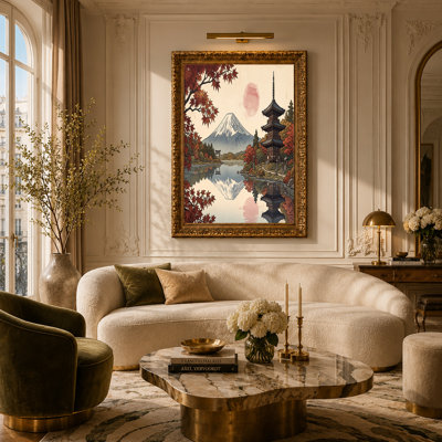 Toile enneigée, montagne et pagode avec feuilles d'érable rouges, art mural