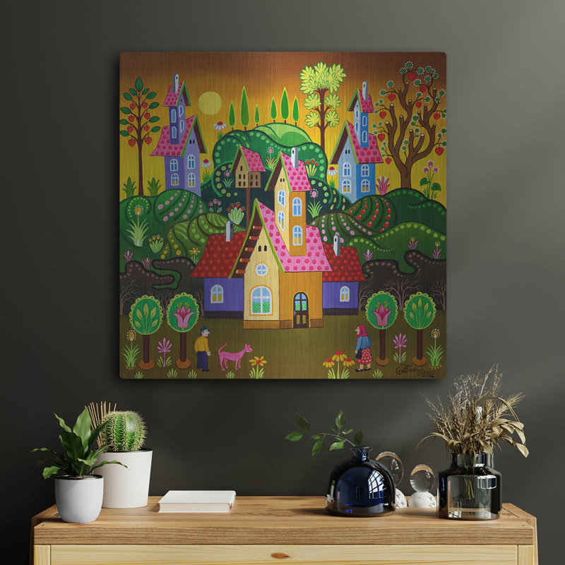  «Homestead With Golden Sunset» par Koday, art mural en métal, 24 po x 24 po, H 24 po x l 24 po