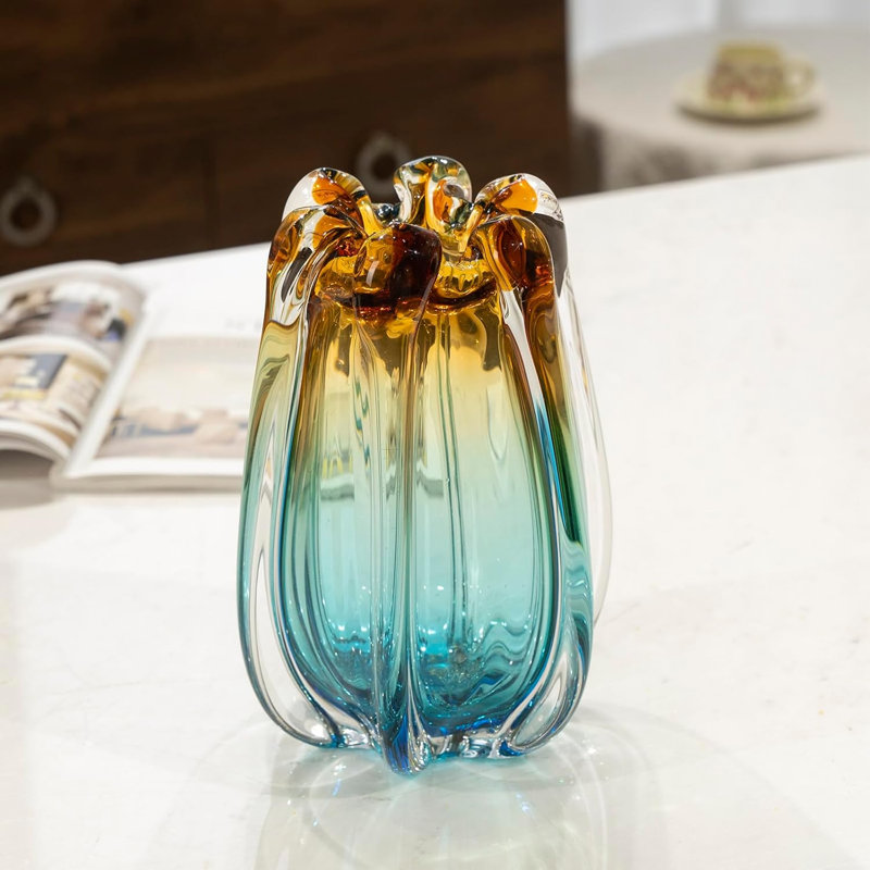 Vase en verre soufflé à la main - petit vase art déco moderne à large ouverture pour salon, bureau, centre de table, bibliothèque, décoration de mariage