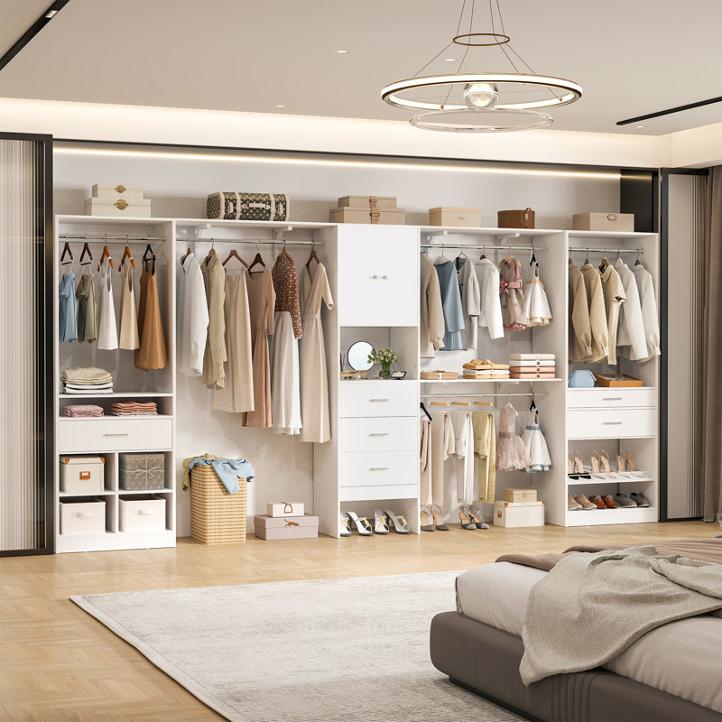 69"-145" W Wooden Closet System With Doors And Drawers (Adjustable Width), White