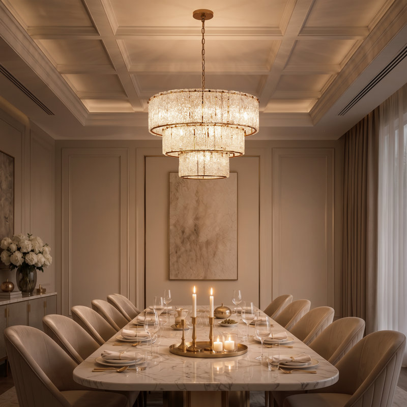 Harlune 8-Light Distressed Gold 3-Tiered Glass Chandelier, Clear, 20.75" H x 27.75" W x 27.75 " D