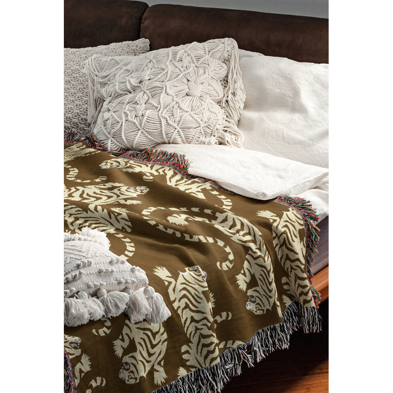 Jeté en mélange de coton Leonard Tiger, Brun / Blanc cassé, L 70 po x l 50 po