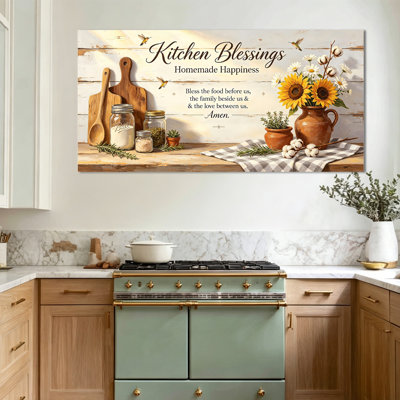  Kitchen Wall Art - Retro American Canvas Painting, SunFlowers & Rustic Wooden Background, Farmhouse Picture Wall Decor for Kitchen or Dining Room, Wrapped Canvas with Pine Frame, 16×32 Inches
