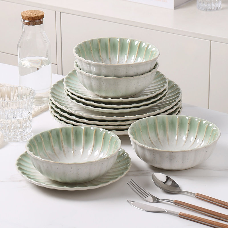  Petal French Country12 Piece Stoneware Dinnerware Sets, Service For 4, White/Green