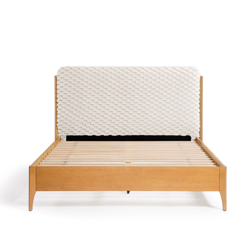 Queen Platform Bed with Quilted Upholstered Headboard & Rubberwood Frame