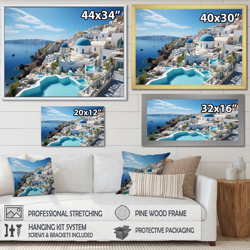 Grèce «Santorini Dreams I», art mural grand de Grèce, Cadre simple noir, H 12 po x l 20 po x P 1 po