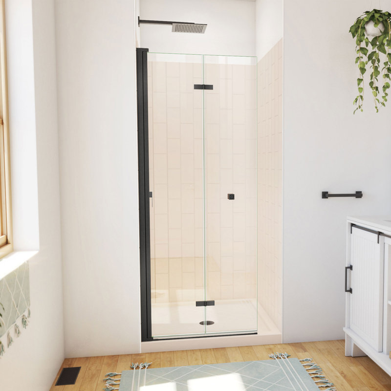 Aqua-Q Fold 32 W X 32 D X 76 H Frameless Square Shower Kit, Matte Black, Biscuit