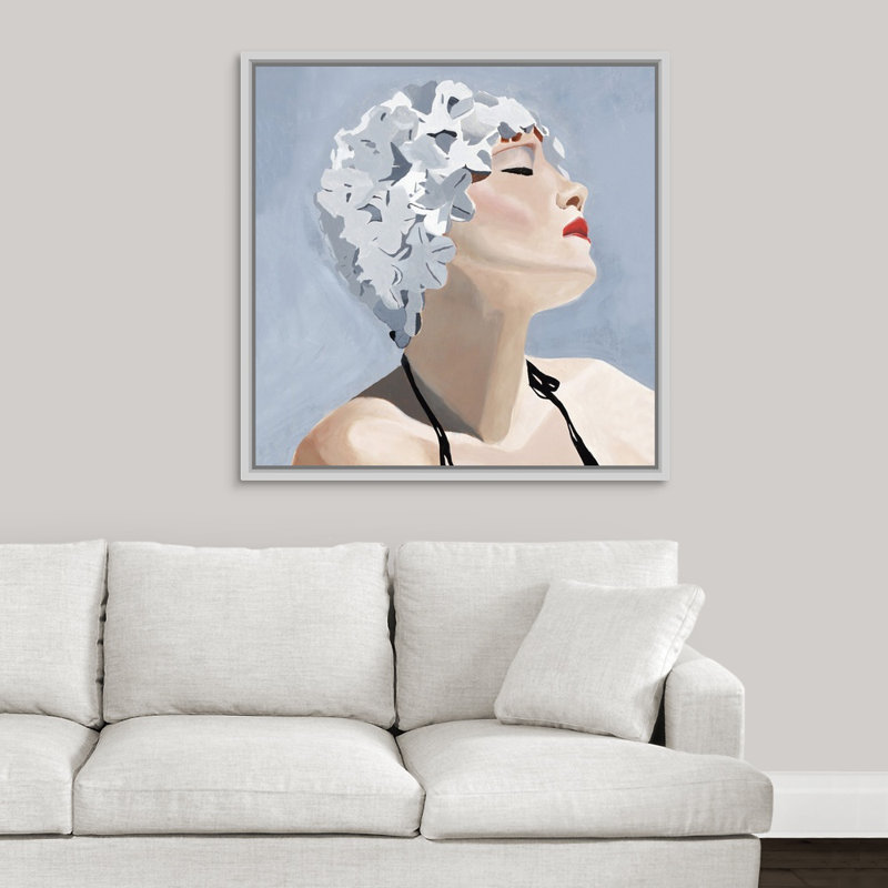 « nage cap ii », peinture sur toile, H 37,7 po x l 37,7 po x p 1,75 po, Cadre flottant blanc