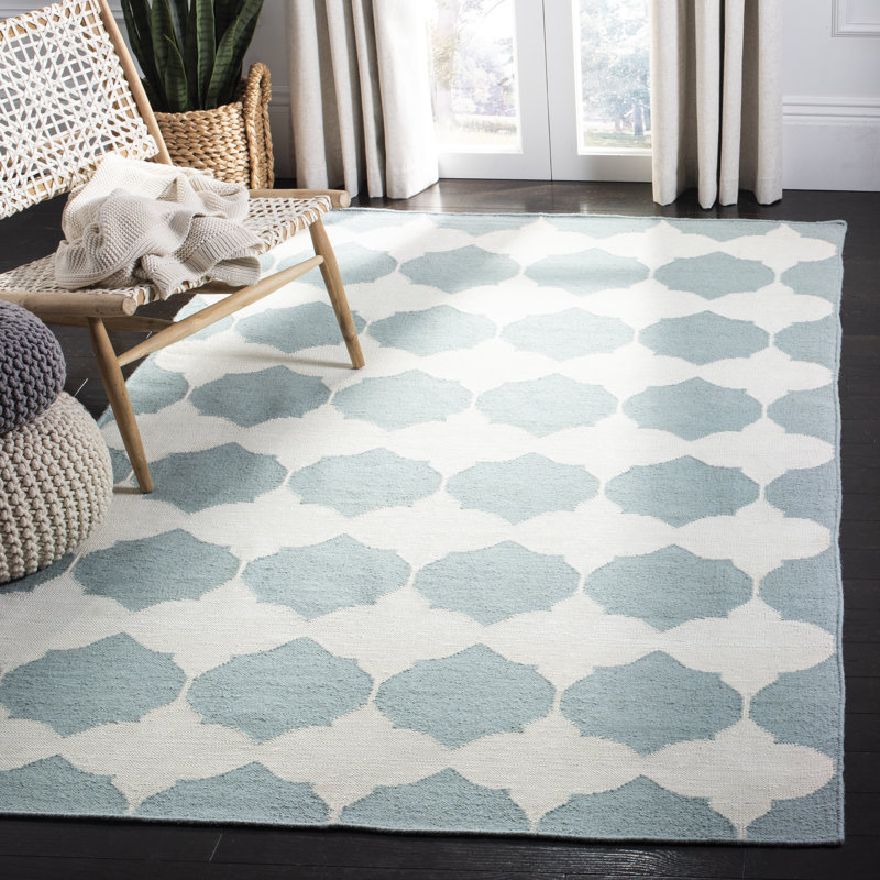 Rodgers Hand Woven Flat Weave Banana Silk/Wool/Cotton Geometric Rug in Ivory/Light Blue, Rectangle 9' x 12'