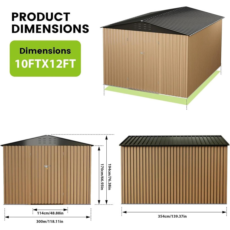 Remise de rangement en métal 10 x 12 pi pour l'extérieur, abri de jardin en acier avec portes verrouillables et toit incliné, rangement utilitaire et outils pour le jardin, la cour, le patio et l'extérieur
